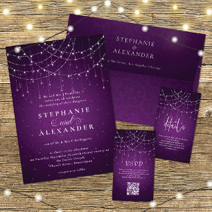 Invitation Royal Purple Swirl & String Lights QR Code Mariage