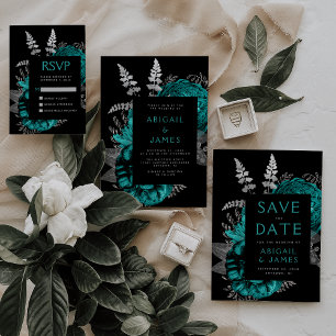 Elegant Moody Dark Floral Teal Silver Wedding Invitation