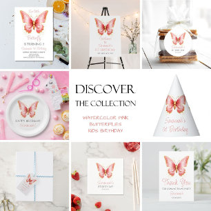 Girls Cute Pink Butterfly 1st Birthday Party Thank You Card