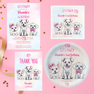 Let's pawty pink cute puppies birthday favour classic round sticker