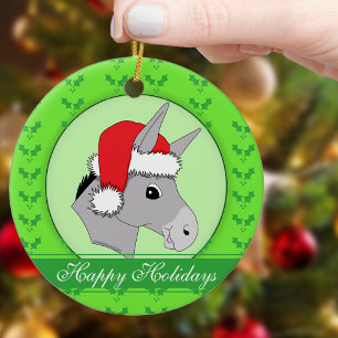 Cute Santa Donkey Holly Happy Holidays Christmas Ceramic Ornament