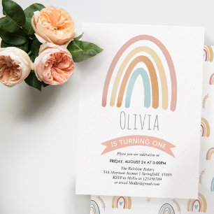 Girls Cute Pink Boho Rainbow Floral Birthday Invitation