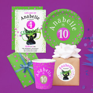 Cute Girly Black Cat Pink Green Glitter Watercolor Classic Round Sticker