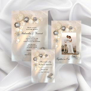 Faux White Pearl and Diamond Buttons Wedding Save The Date