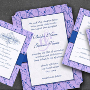 Monogram Royal Blue Lilac Swirl Wedding Invite