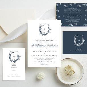 classic navy blue florals monogram crest wedding RSVP card