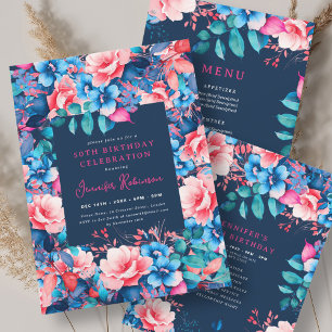 Watercolor Floral 50th Birthday Program Navy 