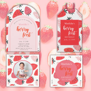 Photo Berry First Birthday 1st Strawberry Arch  Invitation