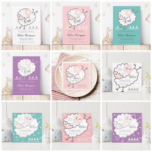 Simple Cute Jumping Lamb Pink & White 1st Birthday Invitation