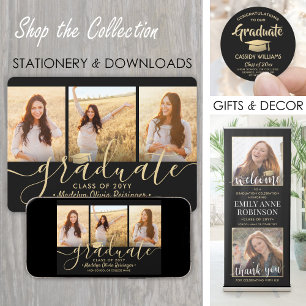 3 Photo Collage Script Black Gold Graduation Party Invitation