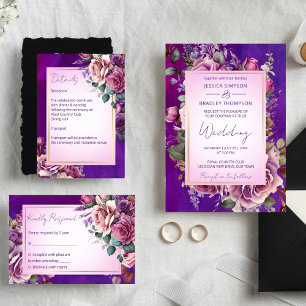 Purple pink vintage roses elegant wedding invitation