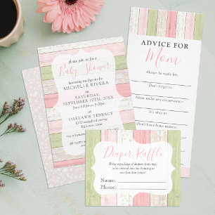 Shabby Pink & Sage Green Rustic Wood Baby Shower Invitation