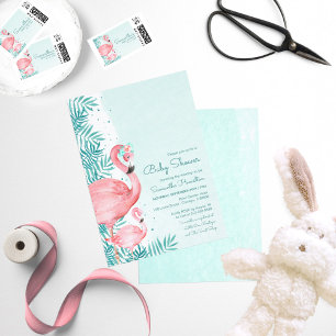 Flamingo & Palm Leaves Teal Watercolor Baby Shower Invitation