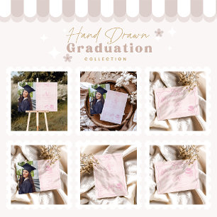 Photo Hand Drawn Illustrated Pink Plaid Graduation Invitation