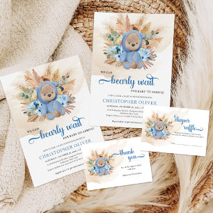 Boy teddy bear dried palm blue flowers baby shower paper plate