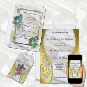 Invitation Or sur soie blanche avec splendeur tropicale