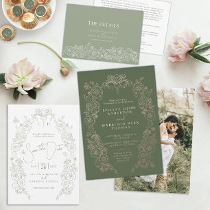 Sage green fleur de lis wedding meal option RSVP Tri-Fold Invitation