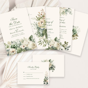 Save The Date Boho Sage Green & Ivory Flowers Enregistrer La Car