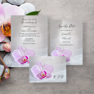 Pink Orchid and Bridal Veil Wedding RSVP Card