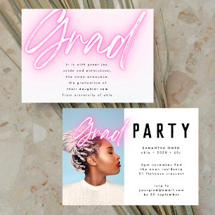 Pink Neon Elegant Ombre Grad Photo Party Invitation