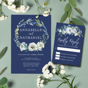 Elegant Navy Blue Floral Wreath Winter Wedding Invitation