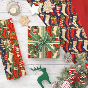 Retro Vintage Christmas stockings Wrapping Paper