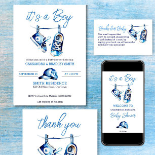 It's a boy blue baby shoes a cap simple modern invitation
