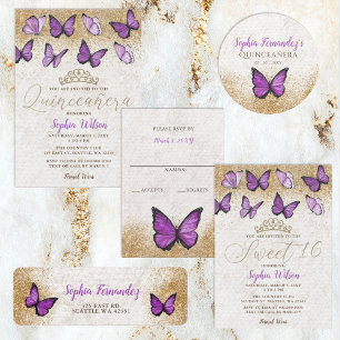 Purple Gold Glitter Butterfly Sweet 16  Invitation