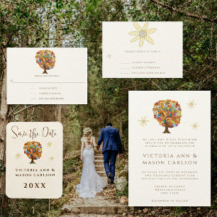 Orange Coral Forest Side Branch Wedding Invitation