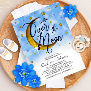 Starry Over The Moon Blue Gold Baby Boy Shower All In One Invitation
