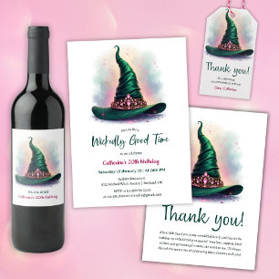 Whimsical Crown & Green Witch Hat Birthday Invitation