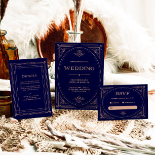 Modern Deco   Faux Rose Gold and Navy Blue Wedding Invitation