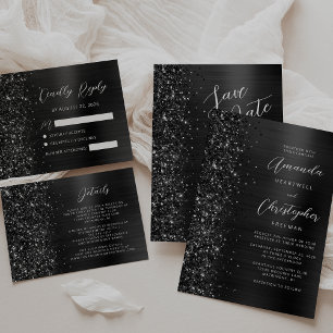 Glam Black Brushed Metal Glitter Script Wedding Invitation