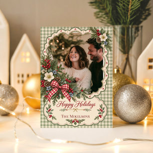 Photo Cottagecore Gingham Christmas Scallop  Holiday Card
