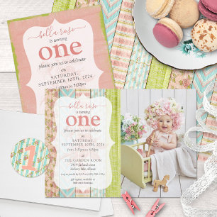 Shabby Cottage Pink Rose Baby Girl Birthday Photo  Invitation