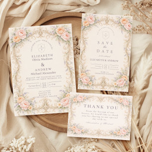 Blush Peach Baroque Rose Wedding Invitation