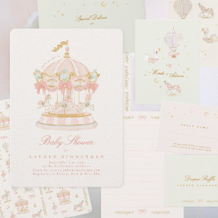 Baby Shower Girl Carousel Fairytale Bows Pink Invitation