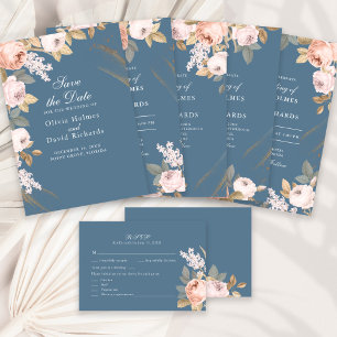 Carte de menu Mariage Boho Blue and Blush Peonies