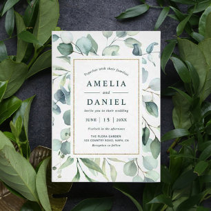 Ethereal Eucalyptus Gold Frame Greenery Wedding Invitation