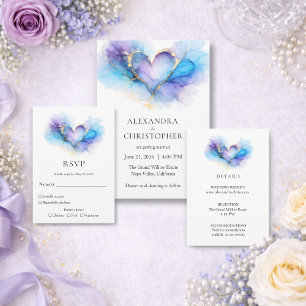 Blue Purple Gold Abstract Heart Wedding Invitation