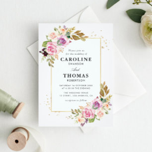 lavender purple & blush floral geometric wedding invitation