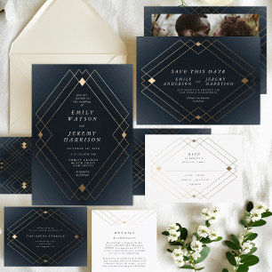 Silver Diamond Navy Geometric Deco Gatsby Wedding Invitation