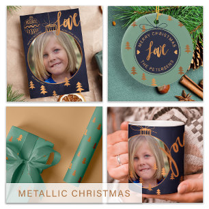 Modern Christmas decorations photo navy gold Foil Holiday Card