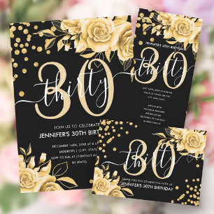 Glam Gold Floral Glitter 30th Birthday Black  Invitation