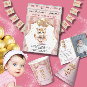 Charming Dancing Kitten Photo First Birthday Girl Invitation
