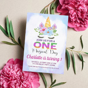 Watercolor Floral Magical Unicorn 1st Birthday Invitation