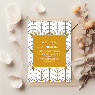 Geometric Art Deco Gold White Gatsby Wedding All In One Invitation