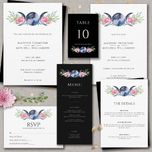 Moon Phase Pink Roses Floral Metaphysical Wedding Invitation