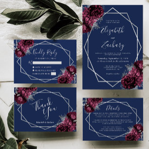 Burgundy Silver Floral Navy Blue Wedding Invitation