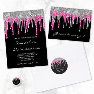 Silver Hot Pink Glitter Drips Black Quinceañera Napkin